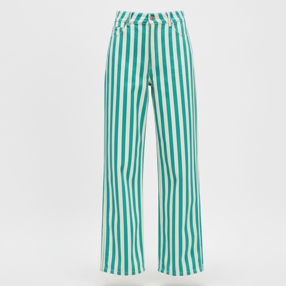 NWOT FP x The Tiny Big Sister Berta Green/White Stripe Long Jeans - Picture 3 of 13